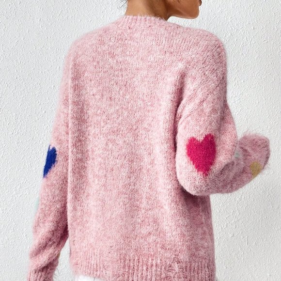 Pink Casual Womens Heart Pattern Drop Shoulder Sweater - Picture 2 of 5